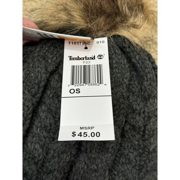 NWT Timberland Women`s Cable Knit Cuff Fleece Lined Pom Pom Gray Hat Beanie - Picture 3 of 6